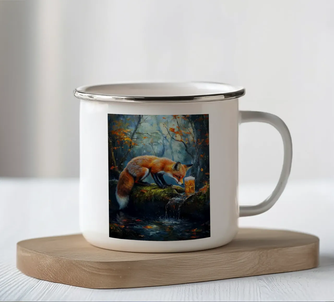 volpe foresta ruscello tronco muschiato foglie d'autunno tazza in smalto da Adam Bican