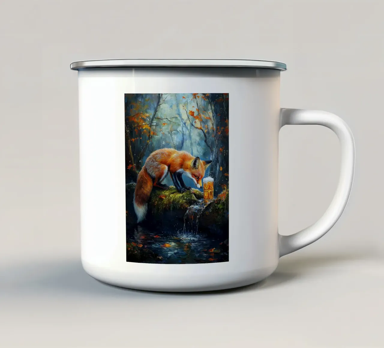 volpe foresta ruscello tronco muschiato foglie d'autunno tazza in smalto da Adam Bican
