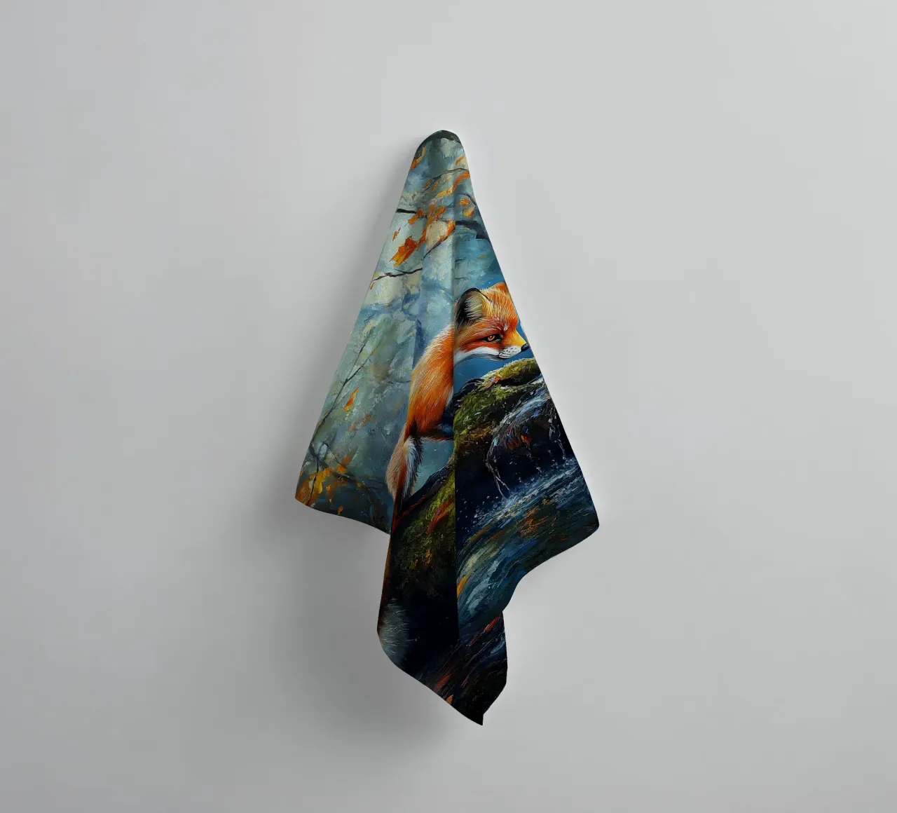 fox forest stream mossy log autumn leaves towel by Adam Bican