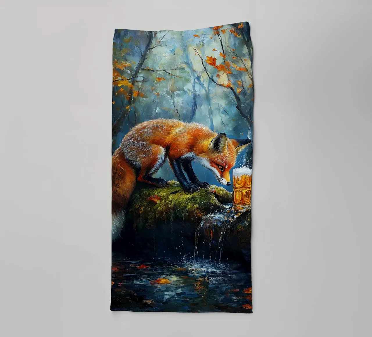 fox forest stream mossy log autumn leaves towel by Adam Bican