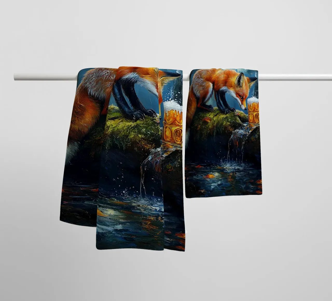 fox forest stream mossy log autumn leaves towel by Adam Bican