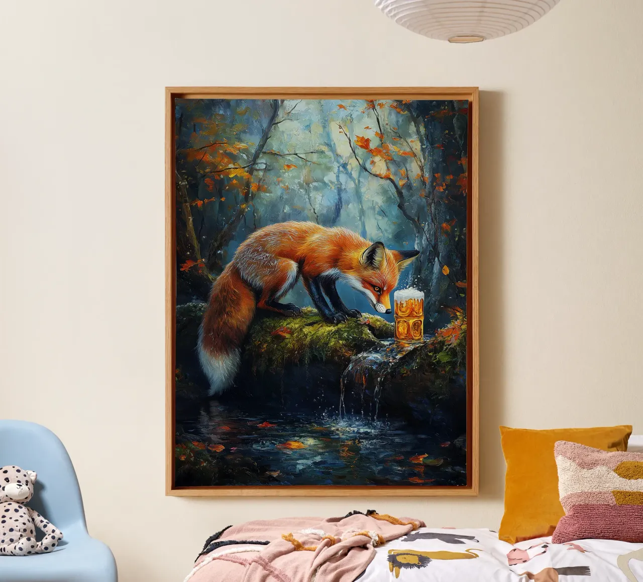 fox forest stream mossy log autumn leaves canvas with Floater frame by Adam Bican