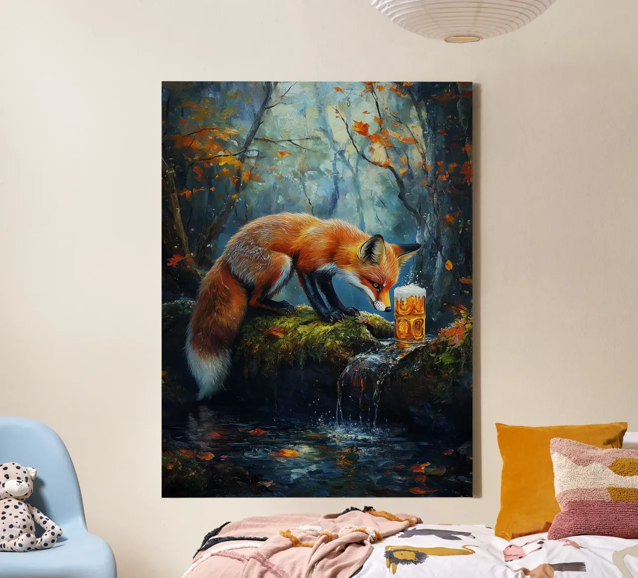 fox forest stream mossy log autumn leaves canvas with Floater frame by Adam Bican