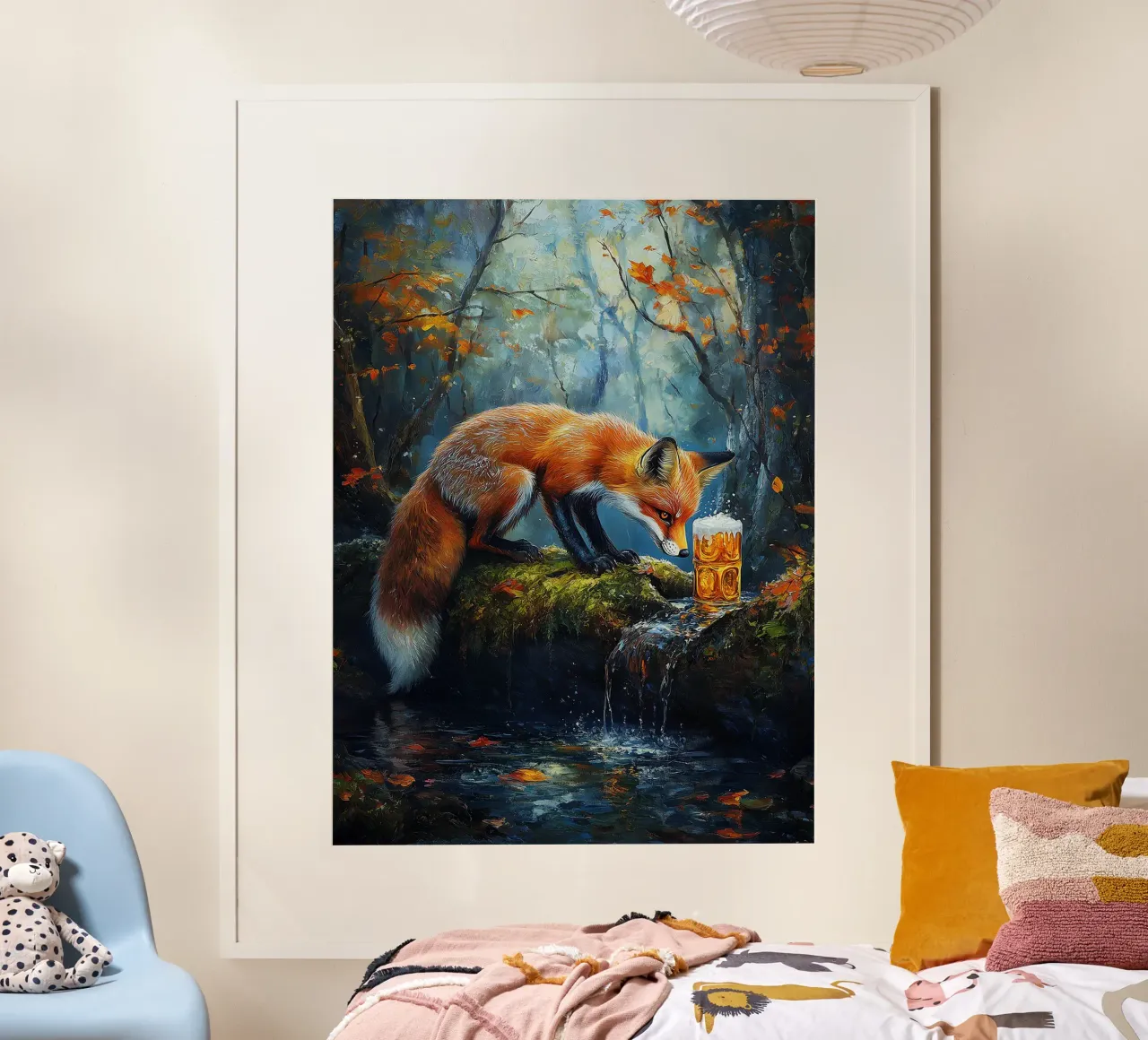 volpe foresta ruscello tronco muschiato foglie d'autunno poster con telaio in alluminio da Adam Bican