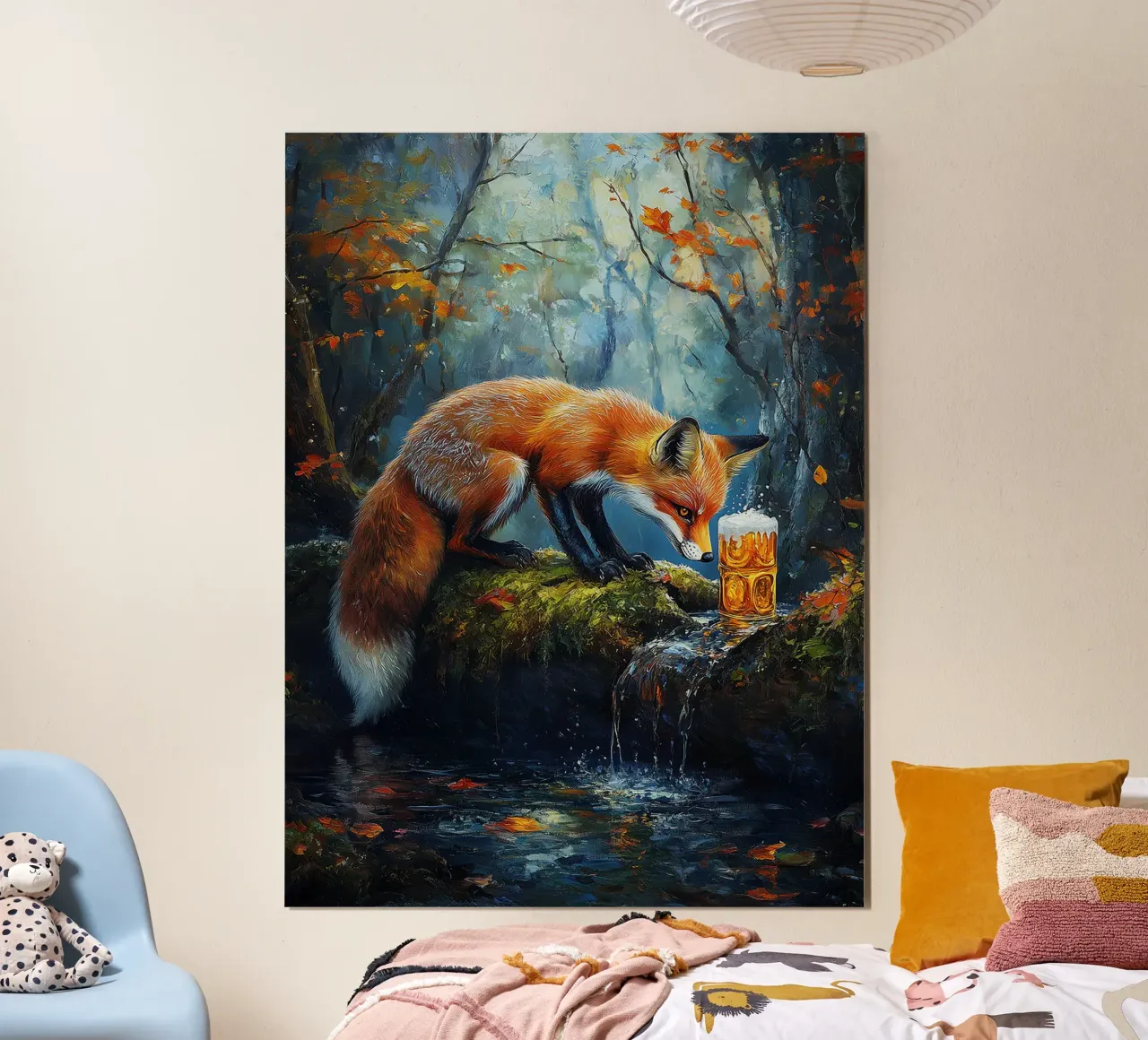 volpe foresta ruscello tronco muschiato foglie d'autunno poster con telaio in alluminio da Adam Bican