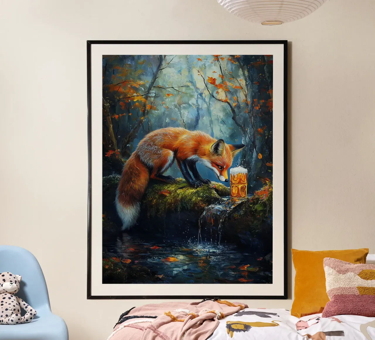 volpe foresta ruscello tronco muschiato foglie d'autunno poster con telaio in alluminio da Adam Bican
