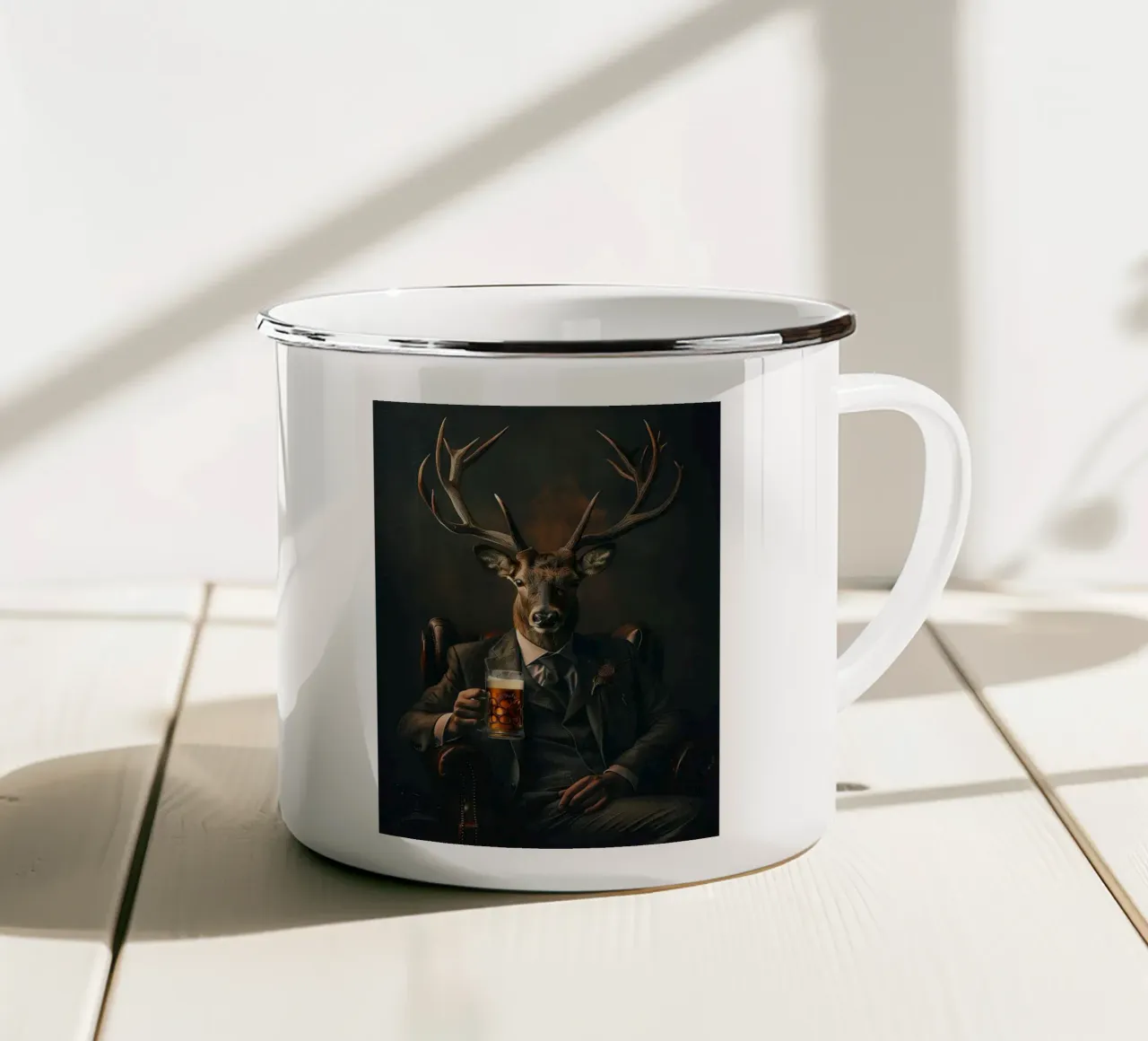corna di cervo abito cravatta poltrona birra tazza in smalto da Adam Bican