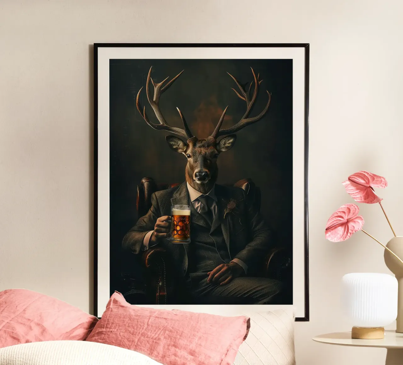 corna di cervo abito cravatta poltrona birra poster con telaio in legno da Adam Bican