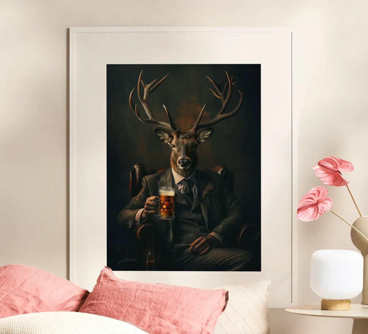 corna di cervo abito cravatta poltrona birra poster con telaio in legno da Adam Bican