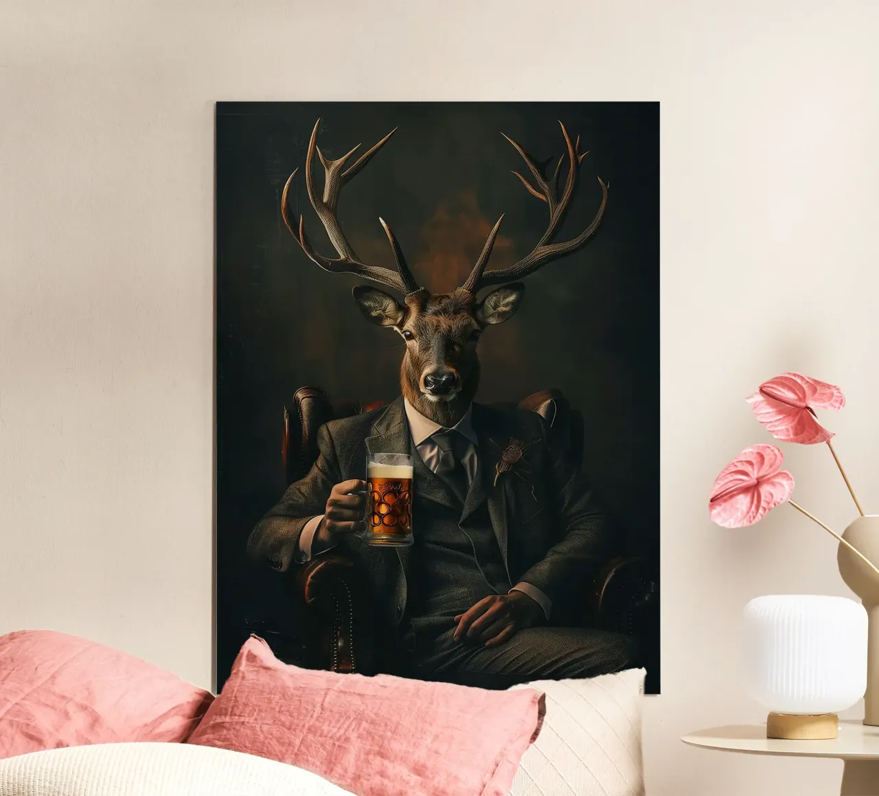 corna di cervo abito cravatta poltrona birra poster con telaio in legno da Adam Bican