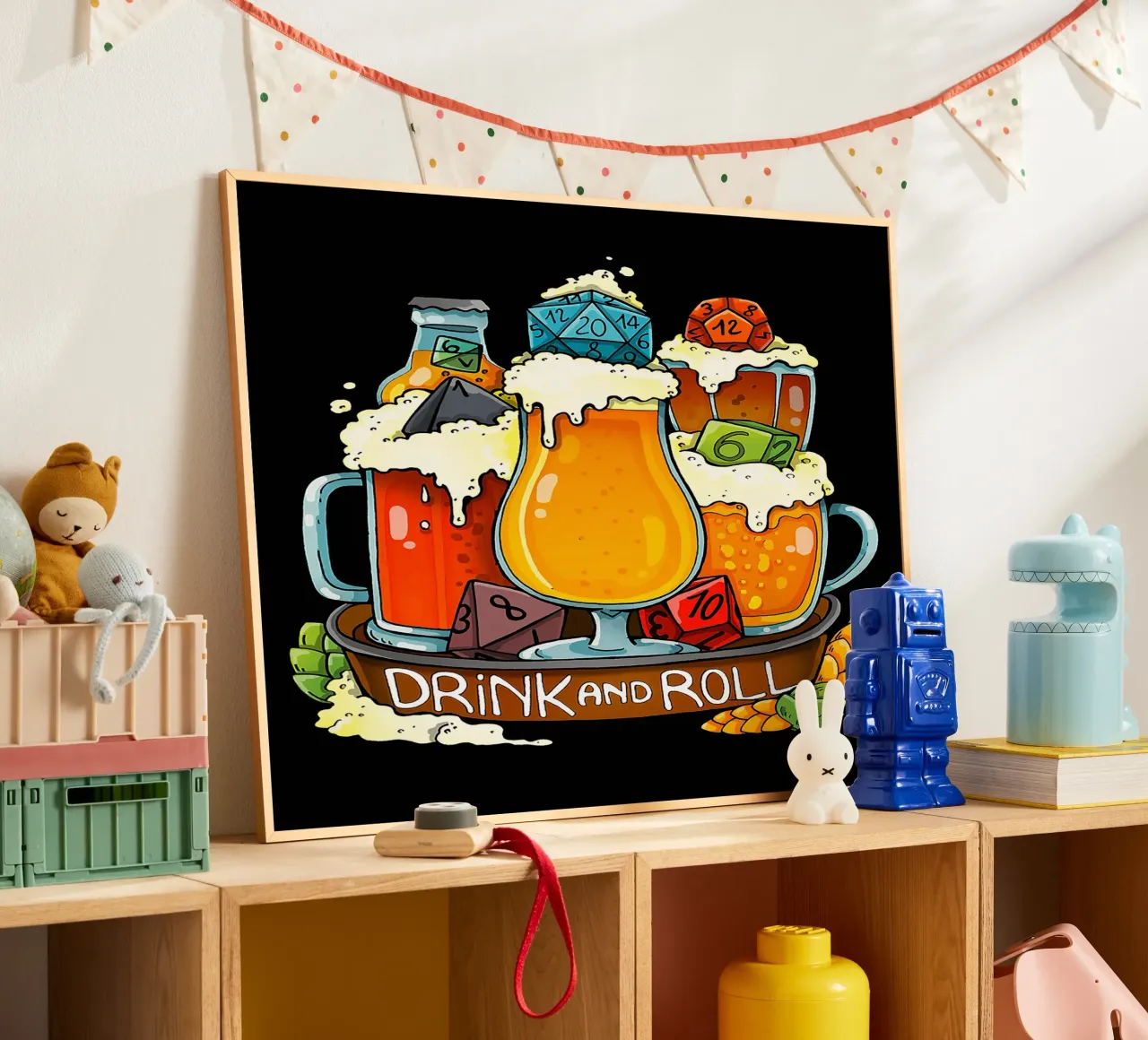 boccale di birra a dadi bottiglia di vetro schiuma poster con telaio in legno da Adam Bican