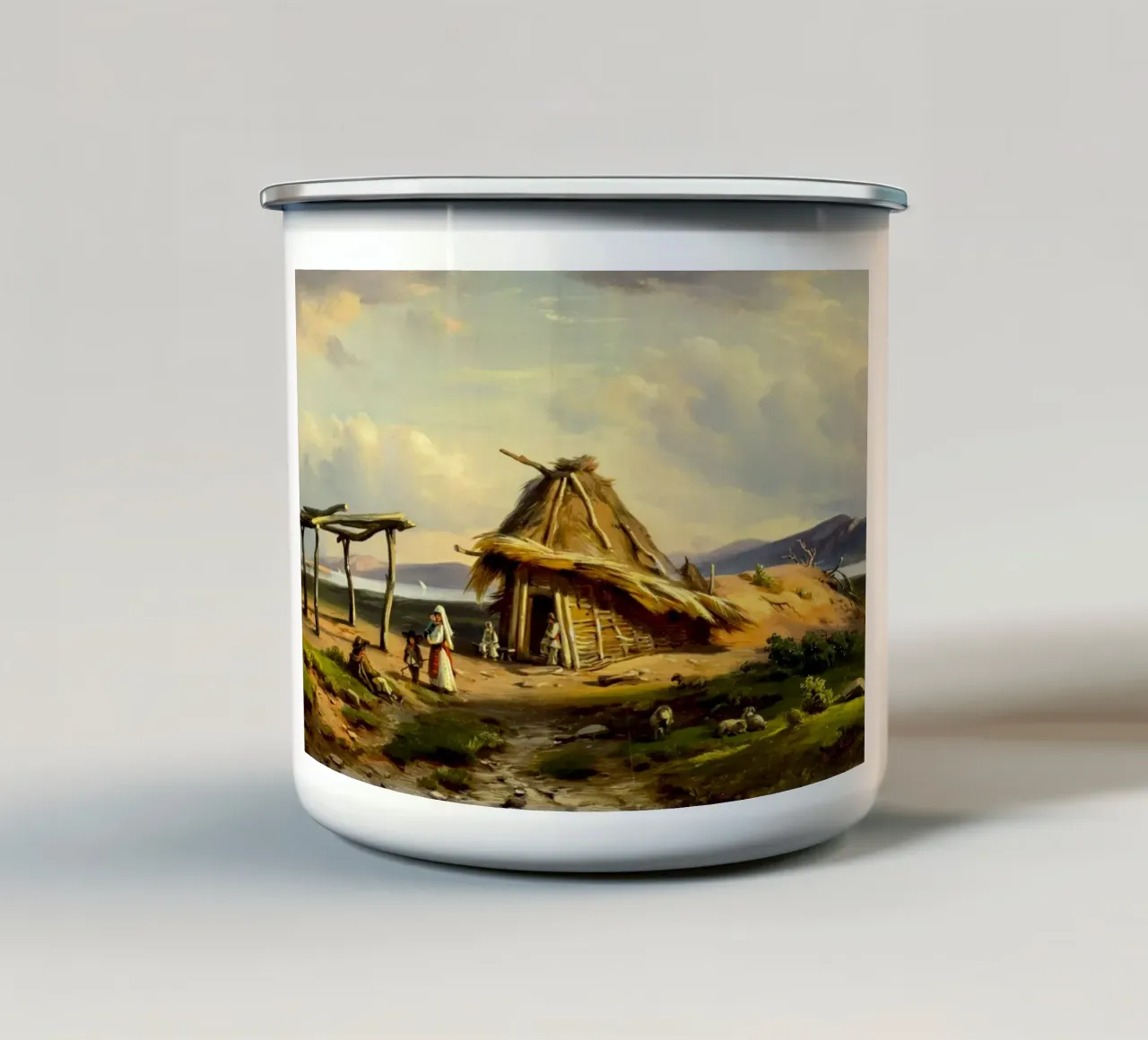 casa di paglia con una piccola famiglia all'interno tazza in smalto da pleceng shope