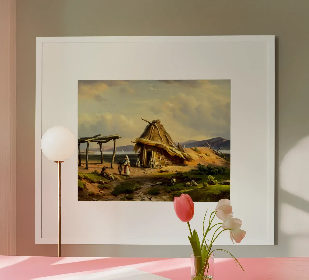 casa di paglia con una piccola famiglia all'interno poster con telaio in plastica da pleceng shope