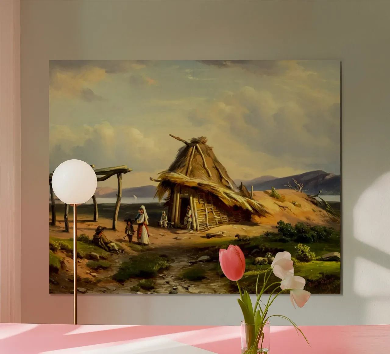 casa di paglia con una piccola famiglia all'interno poster con telaio in plastica da pleceng shope