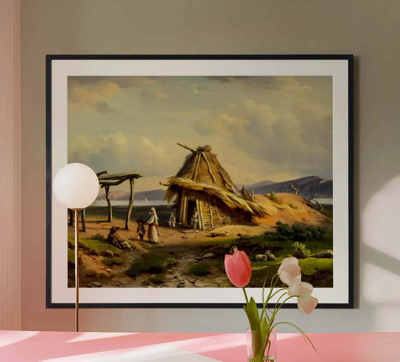casa di paglia con una piccola famiglia all'interno poster con telaio in plastica da pleceng shope