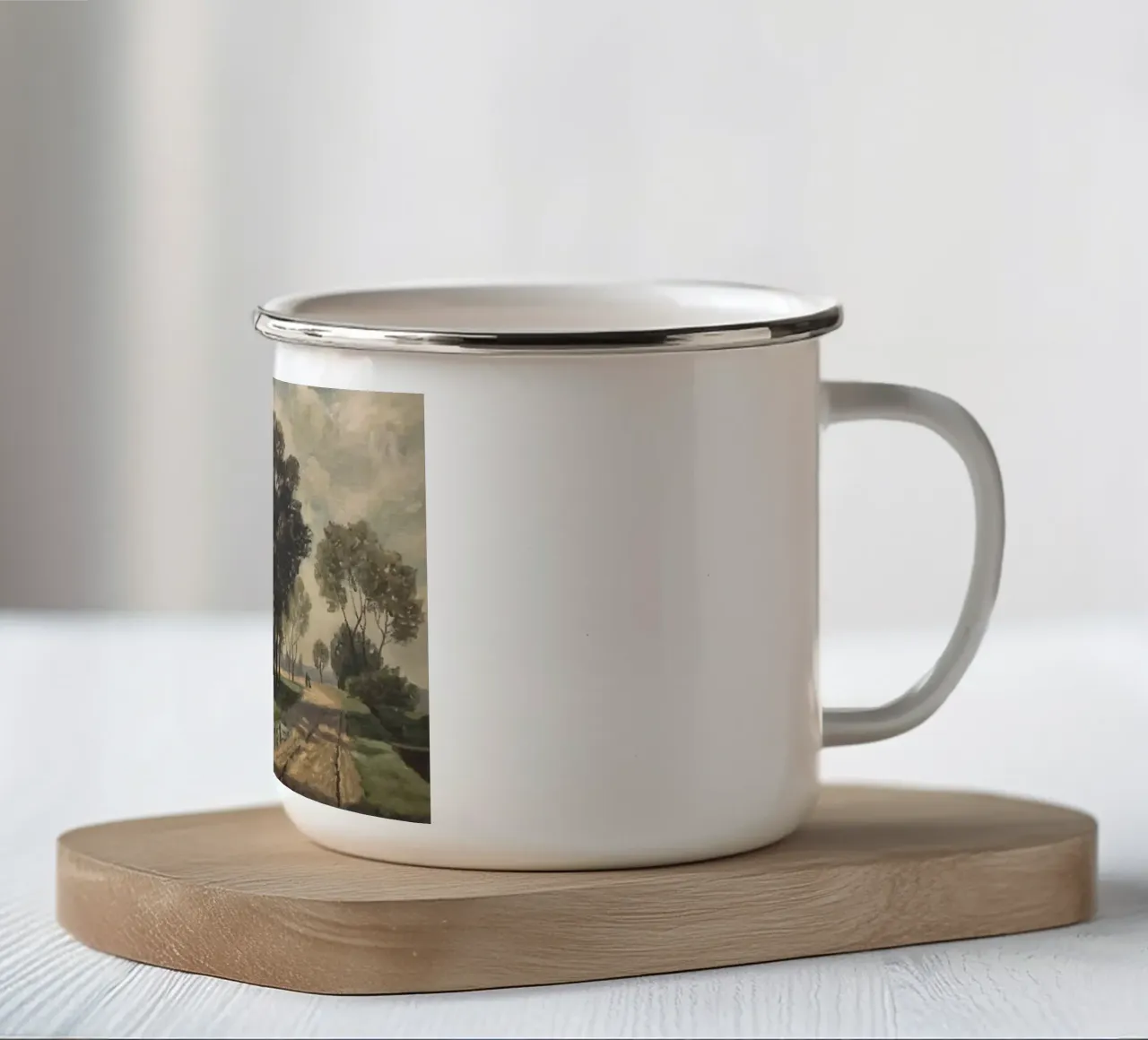 una casa in campagna con una strada sterrata tazza in smalto da pleceng shope