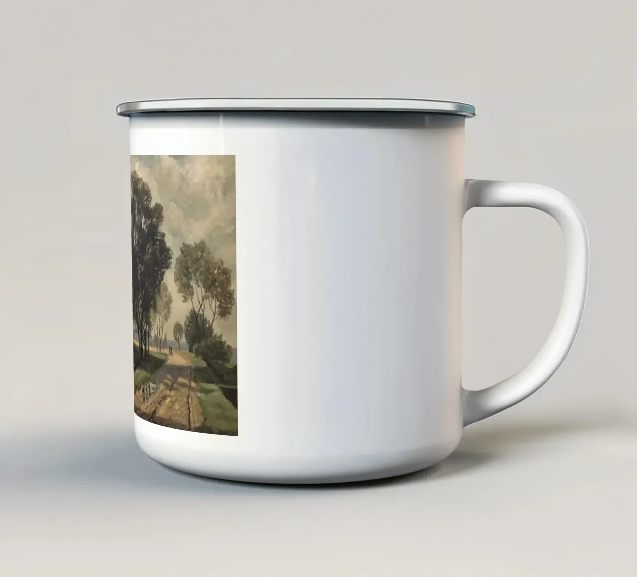 una casa in campagna con una strada sterrata tazza in smalto da pleceng shope