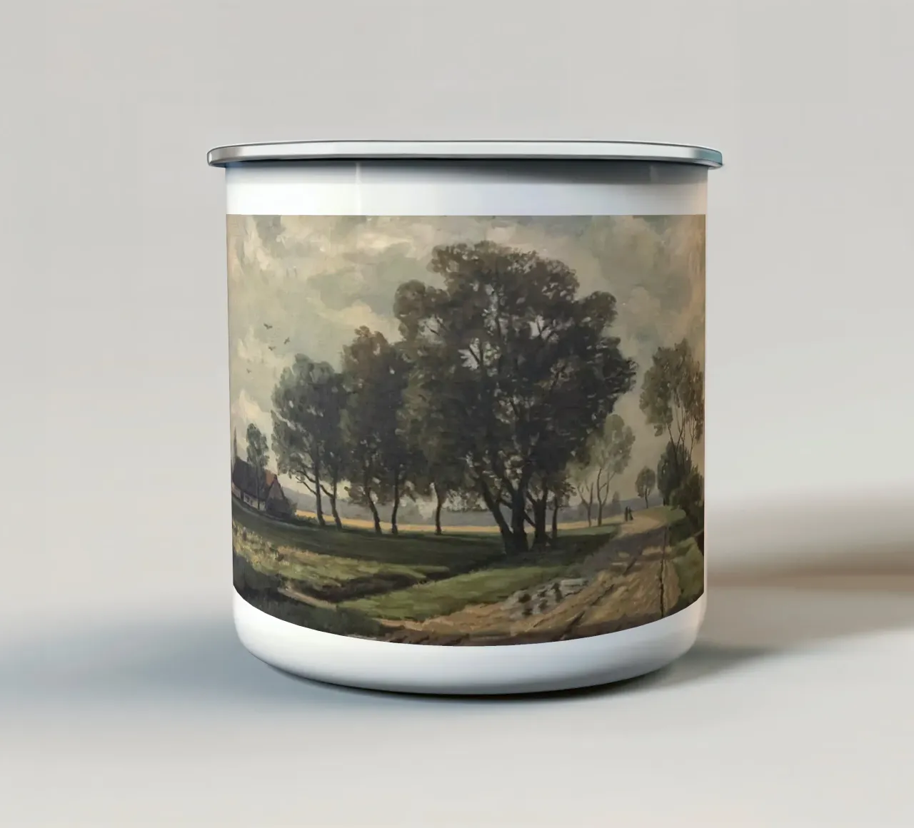 una casa in campagna con una strada sterrata tazza in smalto da pleceng shope