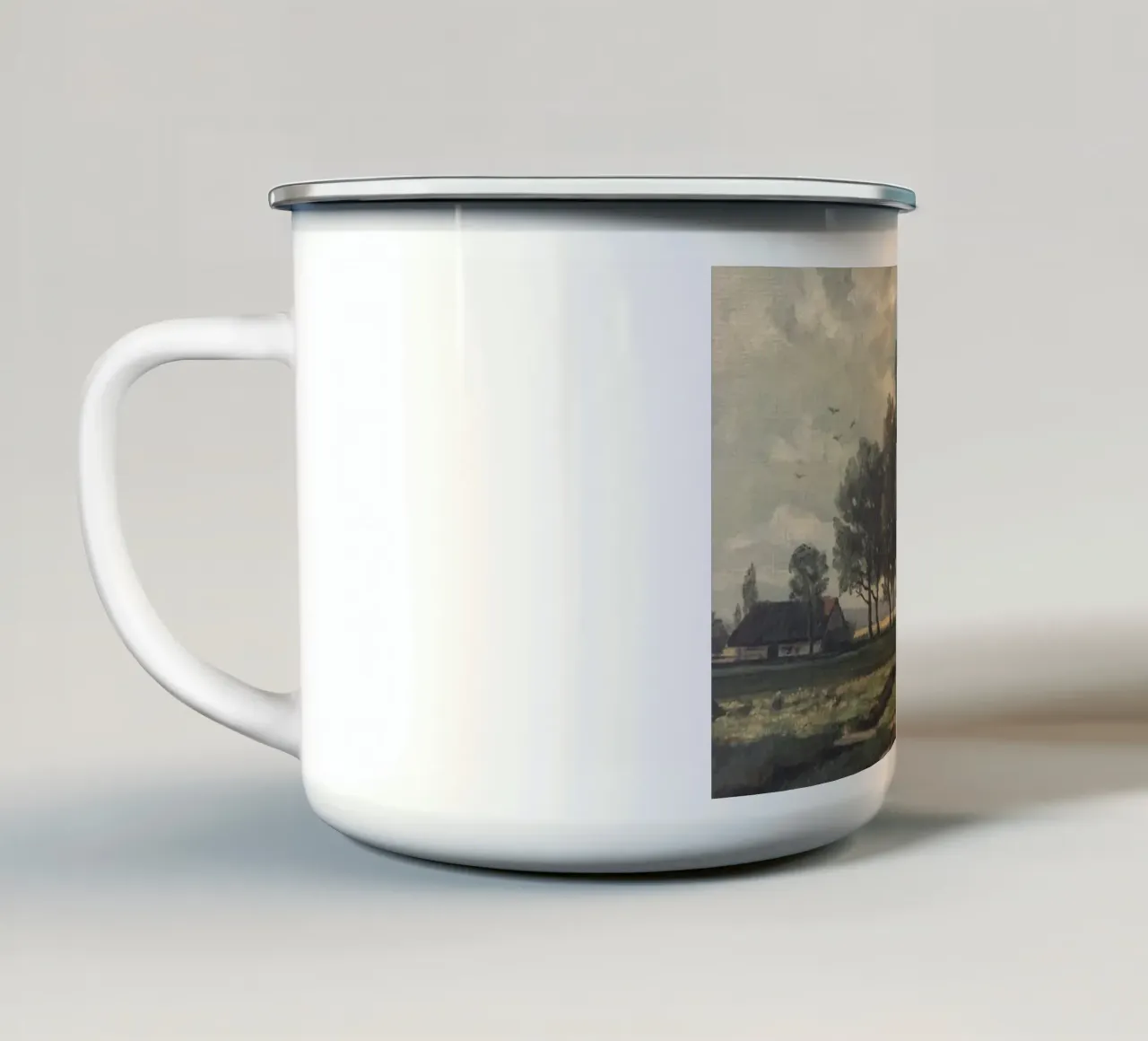 una casa in campagna con una strada sterrata tazza in smalto da pleceng shope