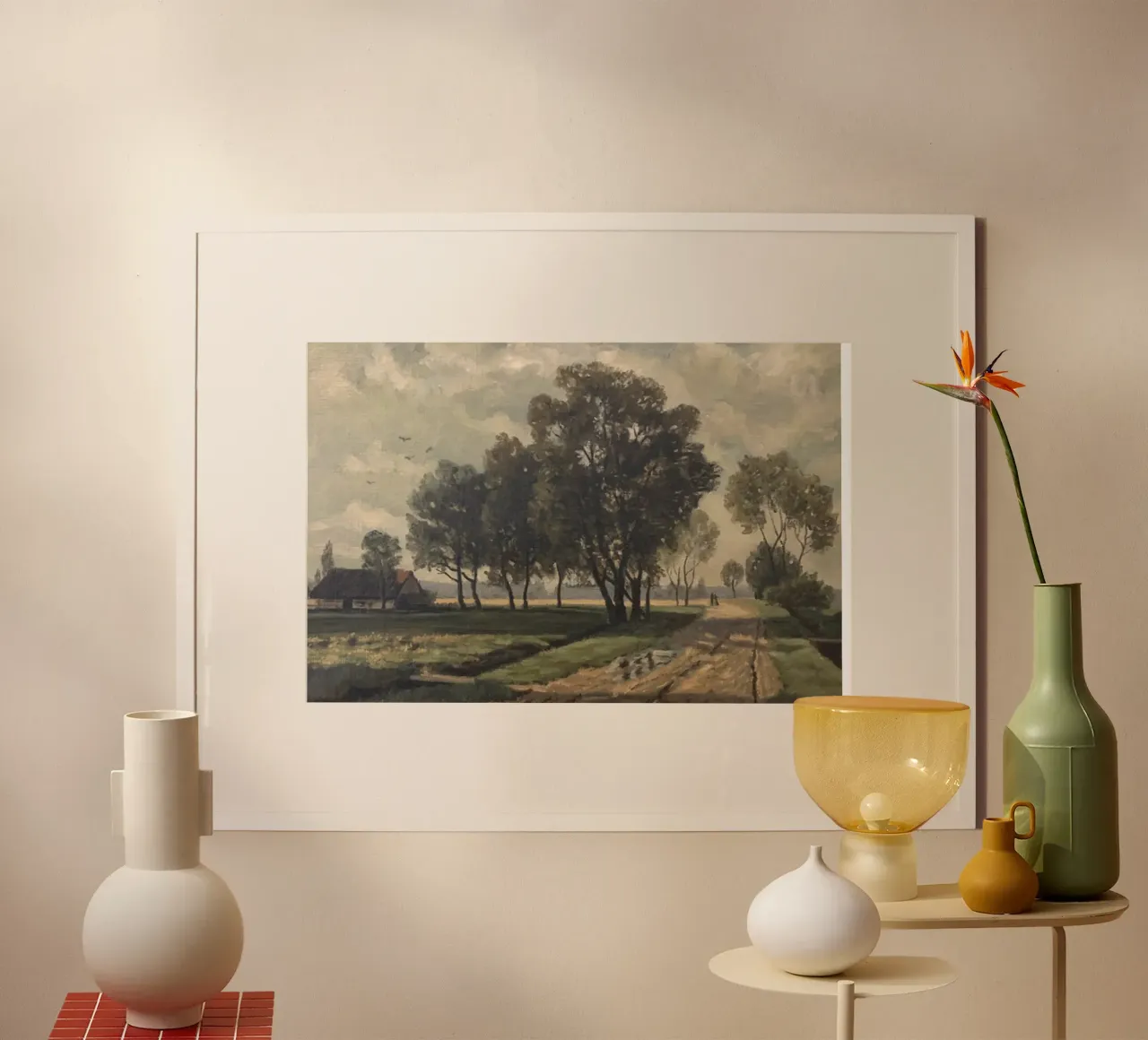 una casa in campagna con una strada sterrata poster con telaio in legno da pleceng shope