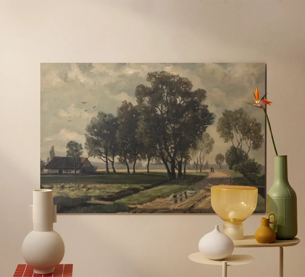 una casa in campagna con una strada sterrata poster con telaio in legno da pleceng shope