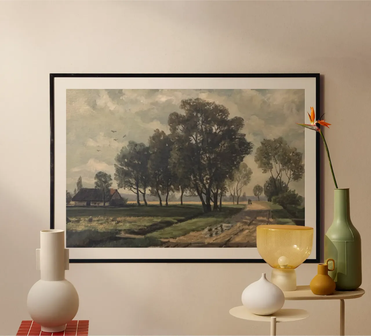una casa in campagna con una strada sterrata poster con telaio in legno da pleceng shope