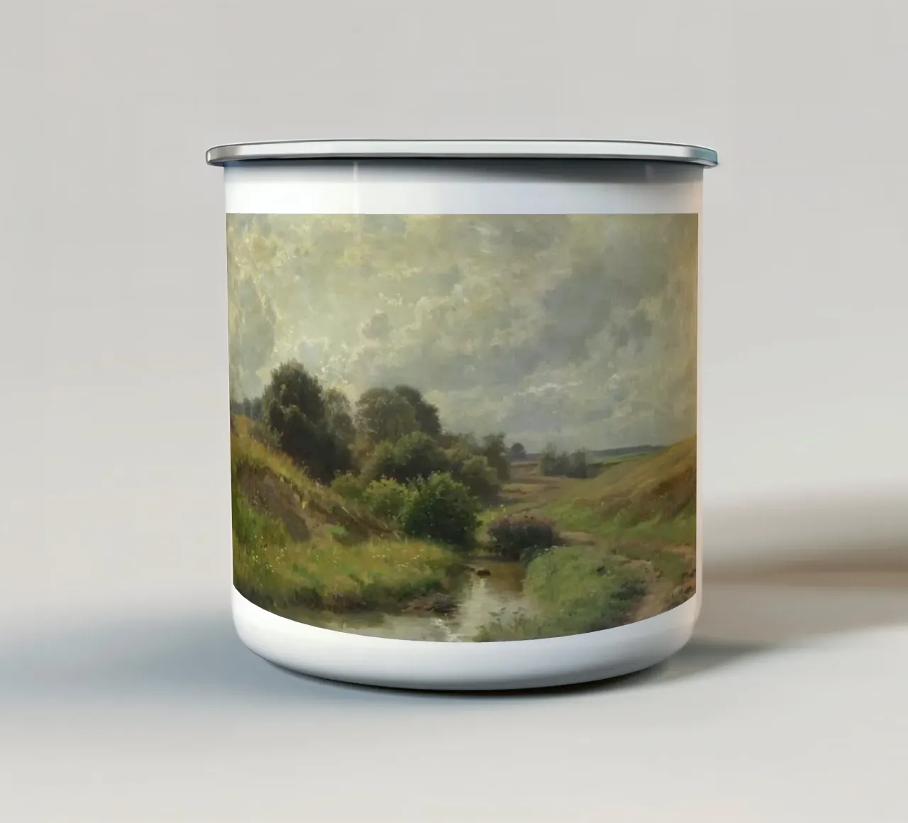cespugli accanto a un piccolo fiume tazza in smalto da pleceng shope