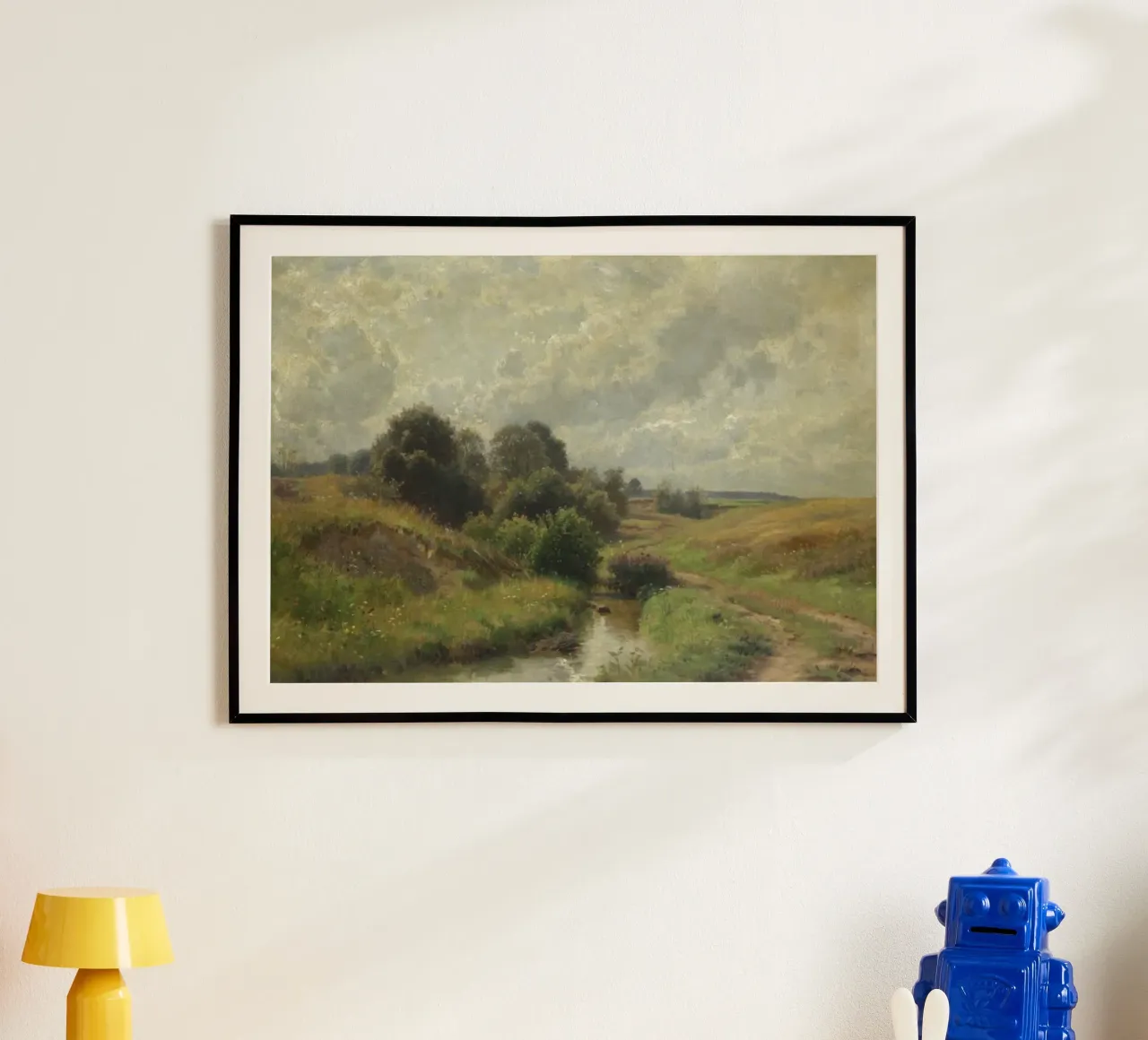 cespugli accanto a un piccolo fiume poster con telaio in legno da pleceng shope