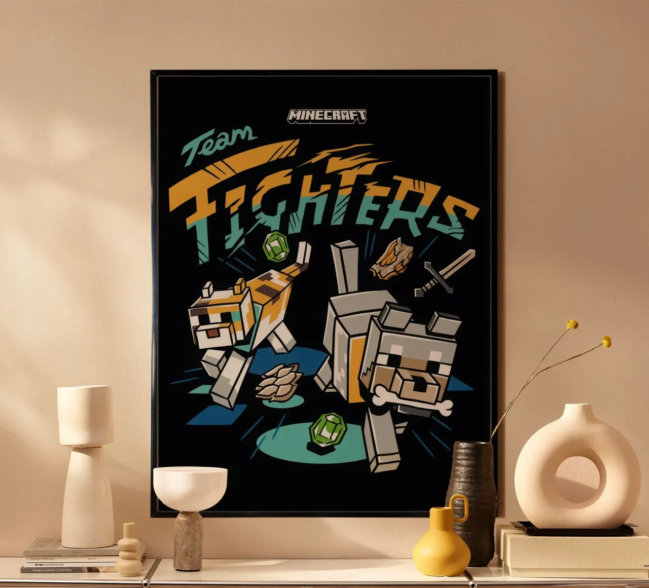 minecraft team fighters poster con telaio in legno da mix mate