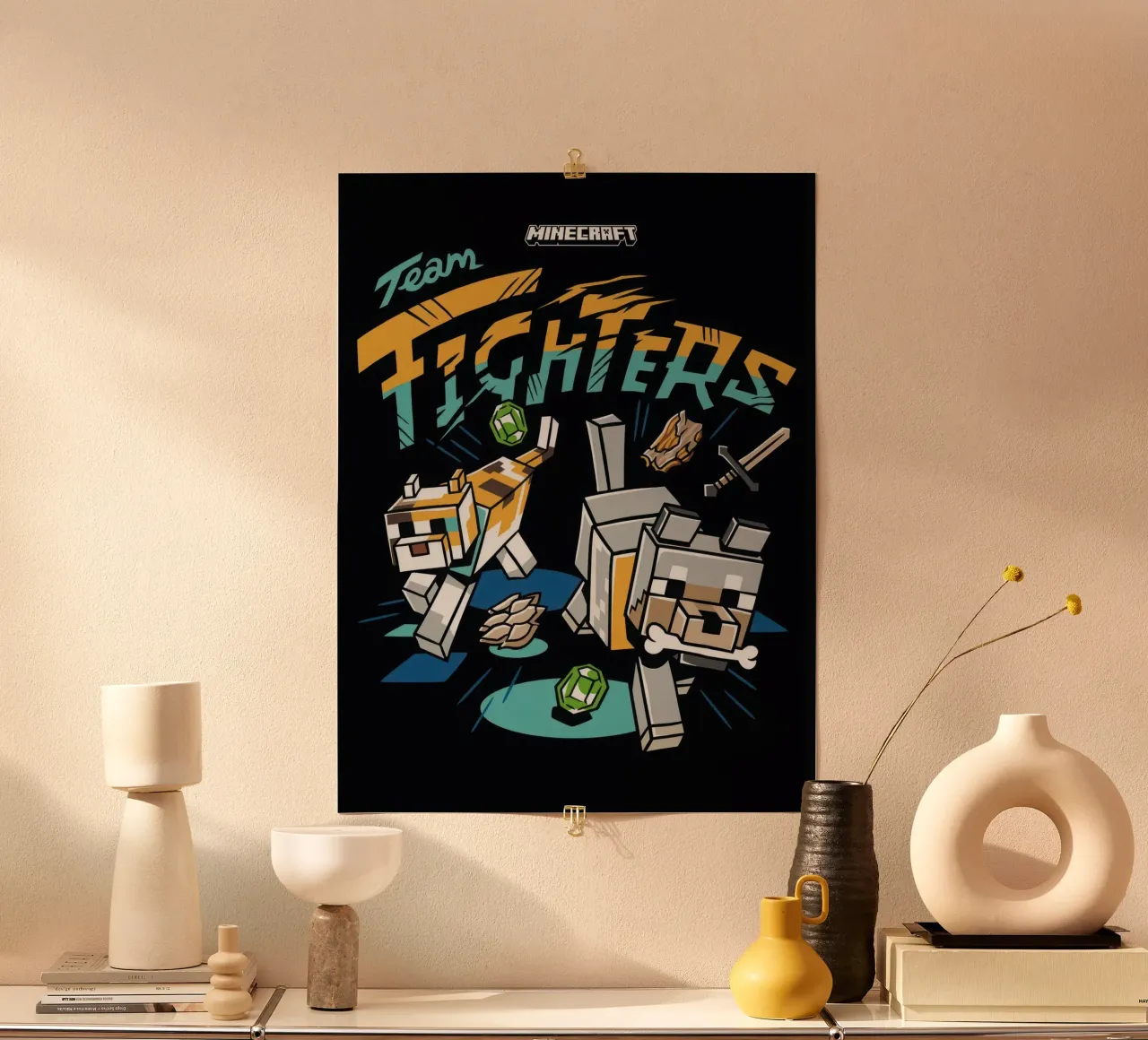 minecraft team fighters poster con telaio in legno da mix mate
