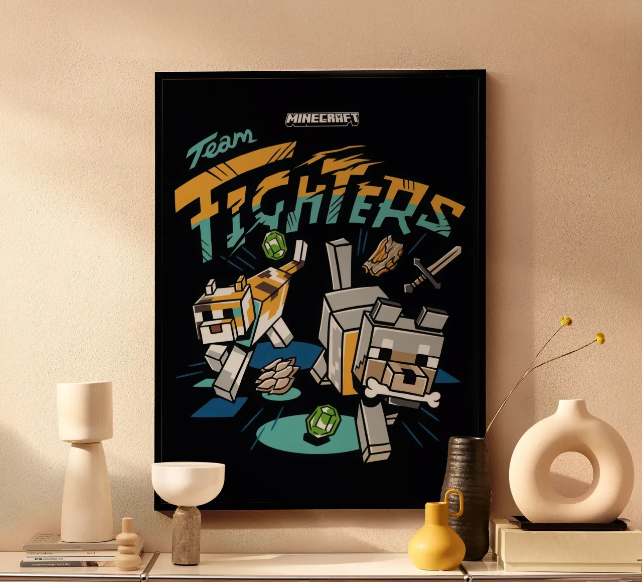 minecraft team fighters poster con telaio in legno da mix mate