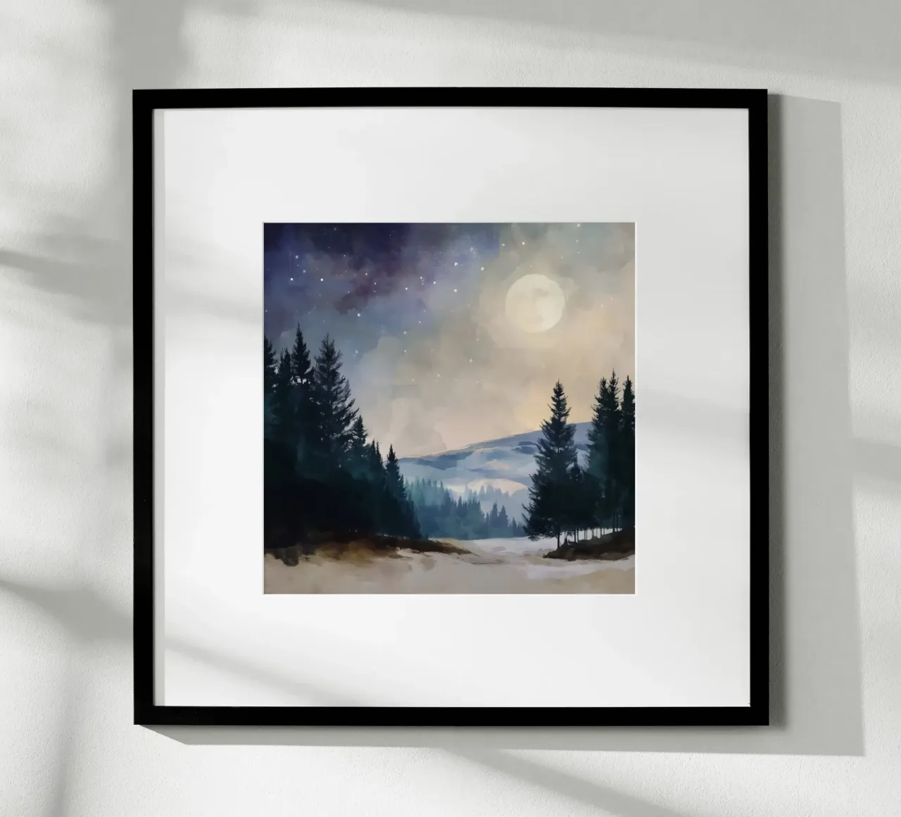 Winter Forest Landscape - Snowy Trees and Full Moon Wall Art poster con marco de aluminio de Dune