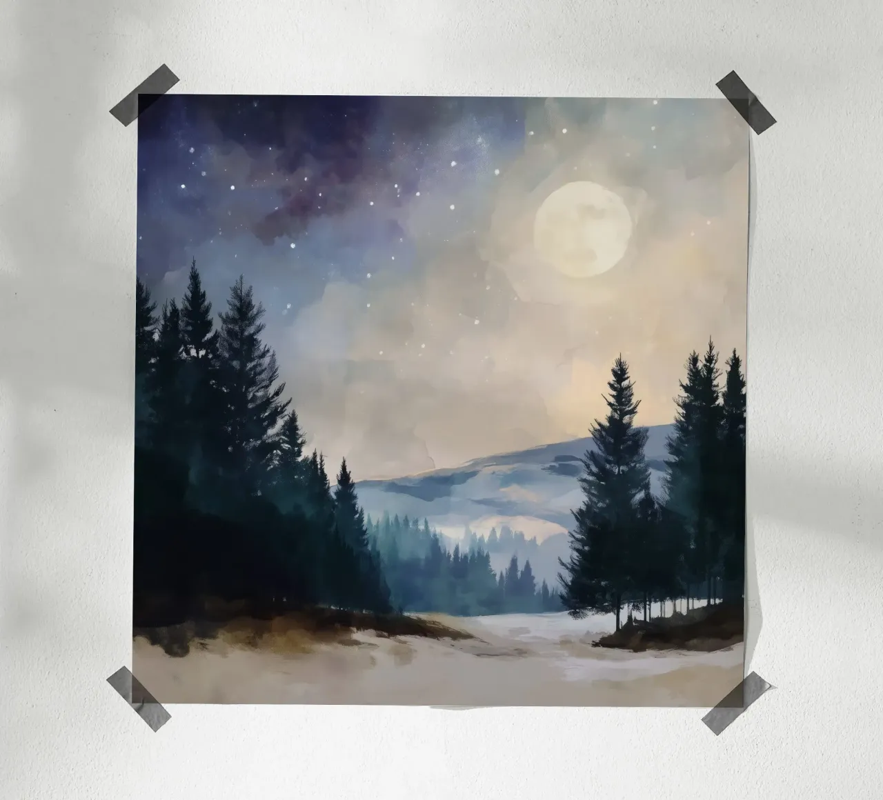 Winter Forest Landscape - Snowy Trees and Full Moon Wall Art poster con marco de aluminio de Dune