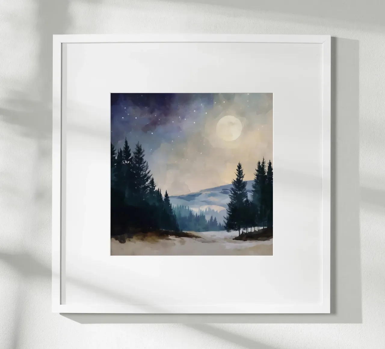 Winter Forest Landscape - Snowy Trees and Full Moon Wall Art poster con marco de aluminio de Dune