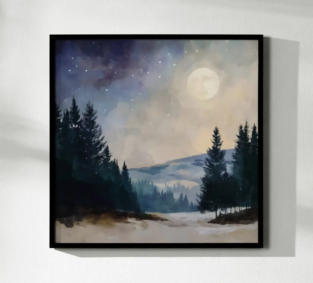 Winter Forest Landscape - Snowy Trees and Full Moon Wall Art poster con marco de aluminio de Dune
