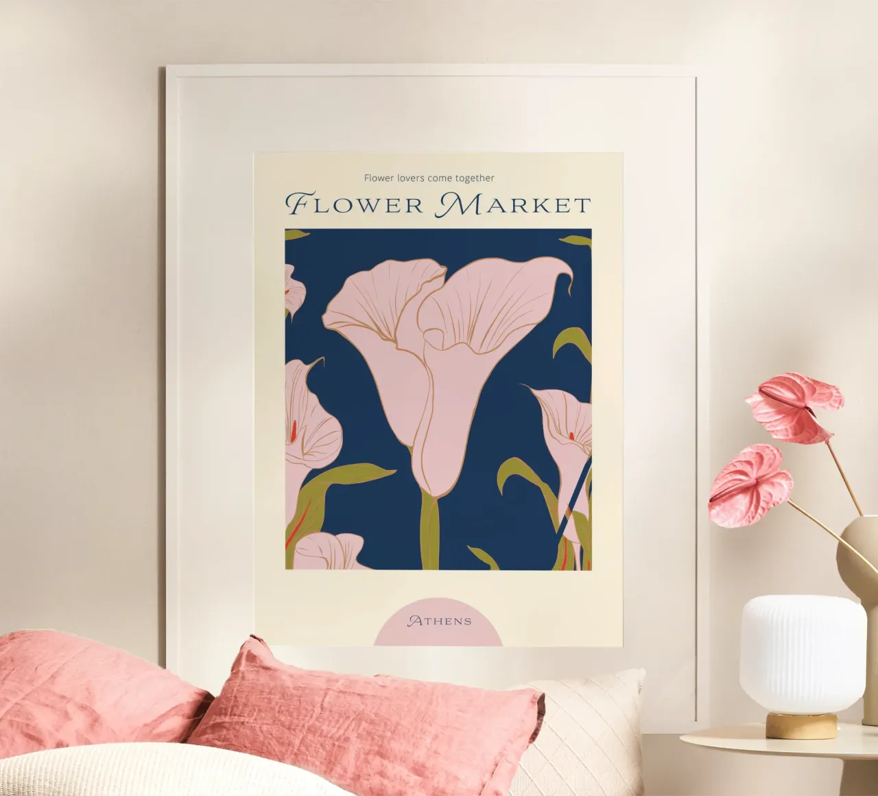 Mercato dei fiori di Atene poster con telaio in legno da TekleDawit