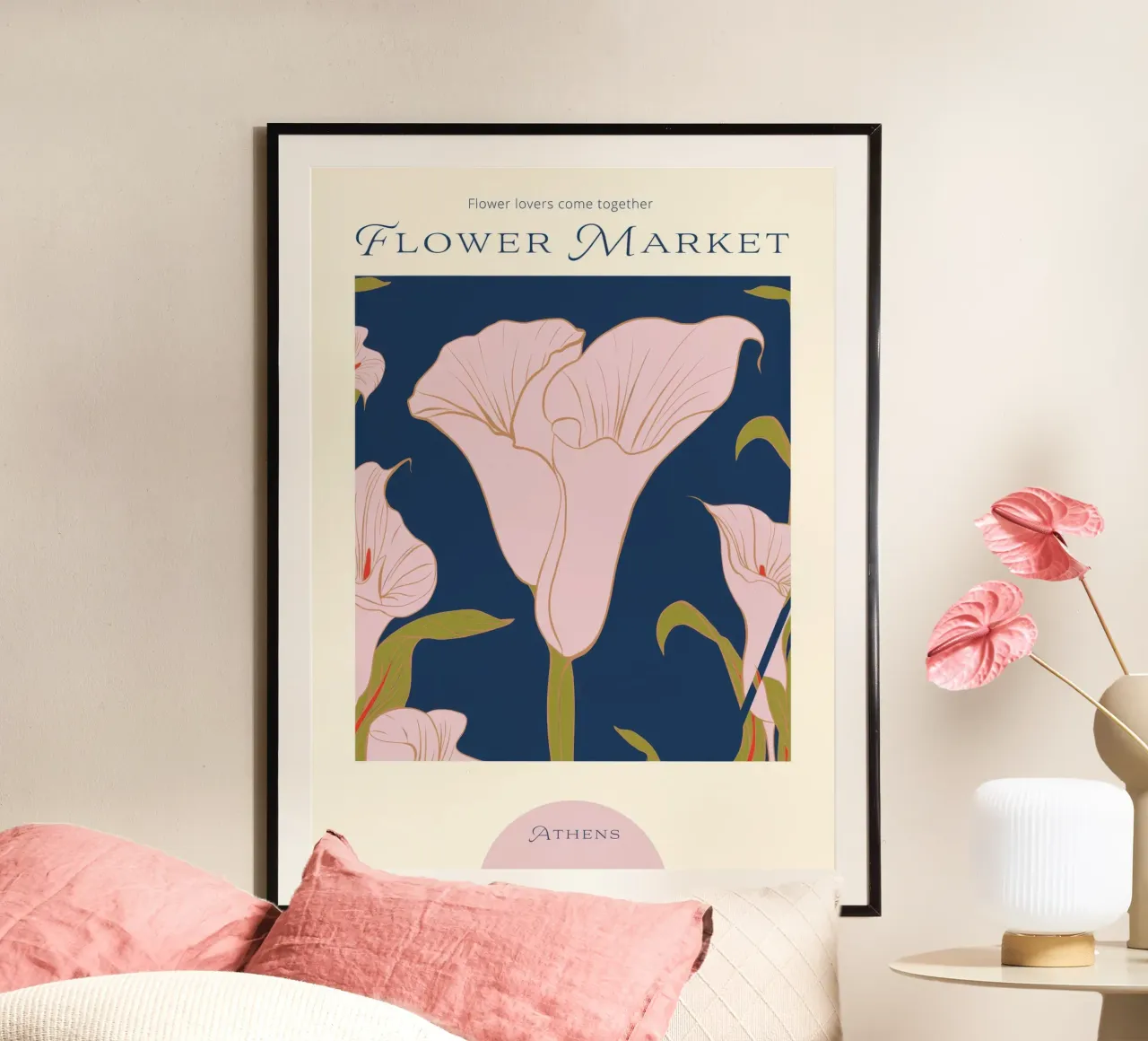 Mercato dei fiori di Atene poster con telaio in legno da TekleDawit