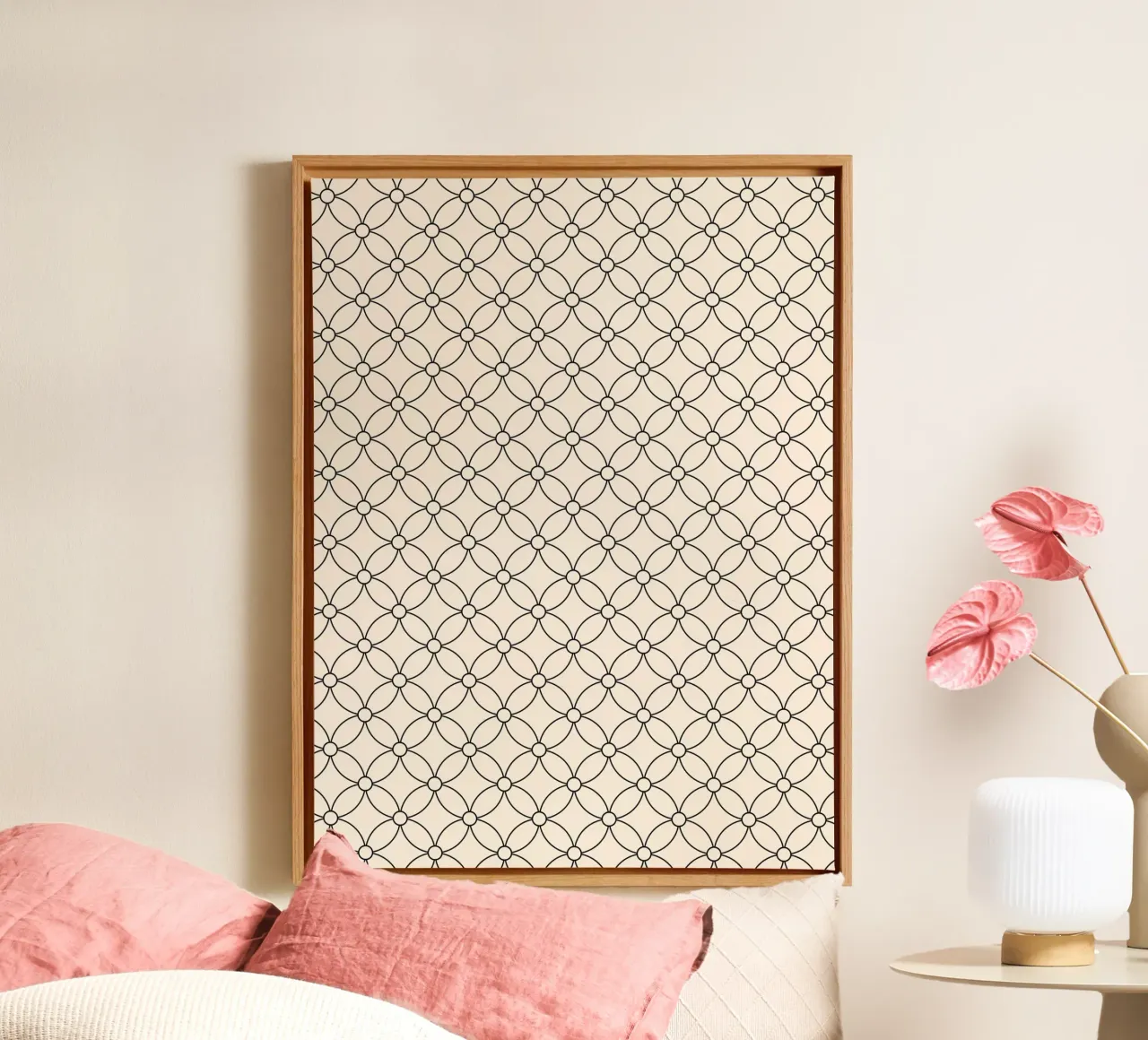 Minimal Geometric Simple Flowers Pattern | Black on Ivory canvas with Floater frame by Beauty in Simplicity
