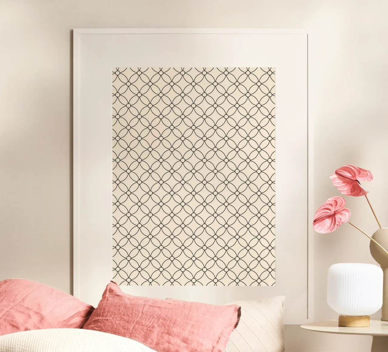 Minimal Geometric Simple Flowers Pattern | Black on Ivory poster with plastic frame by Beauty in Simplicity