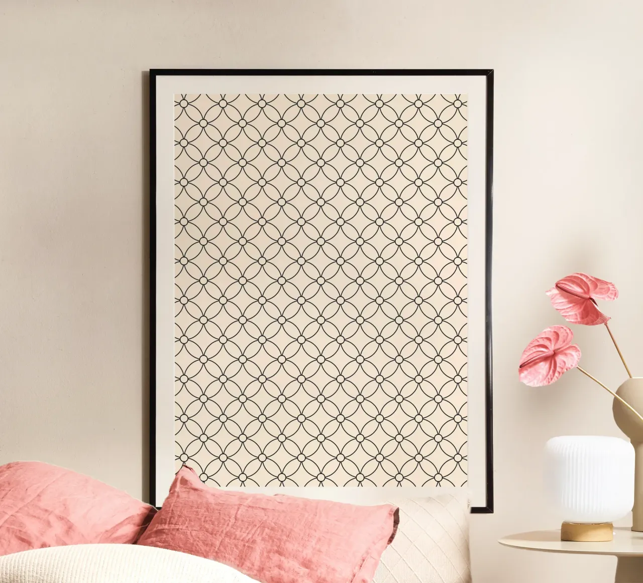 Minimal Geometric Simple Flowers Pattern | Black on Ivory poster with plastic frame by Beauty in Simplicity