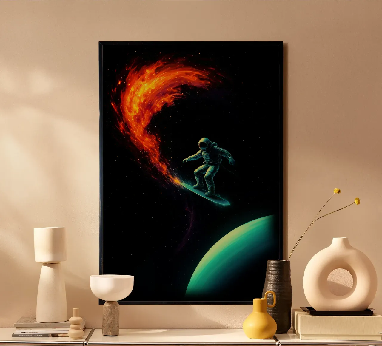Cosmic Surfer: Nebula Ride poster con marco de plástico de BadrBrand