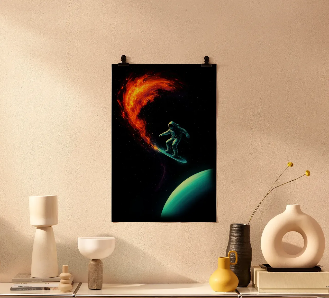 Cosmic Surfer: Nebula Ride poster con marco de plástico de BadrBrand
