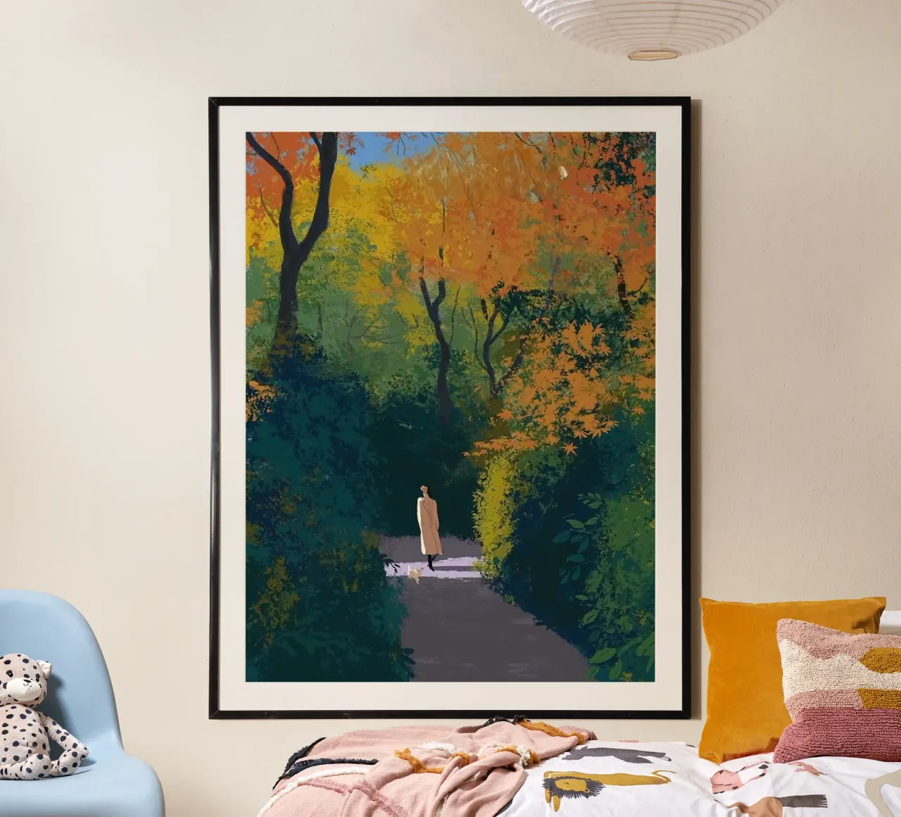 autumn pathway trees poster con telaio in legno da lily
