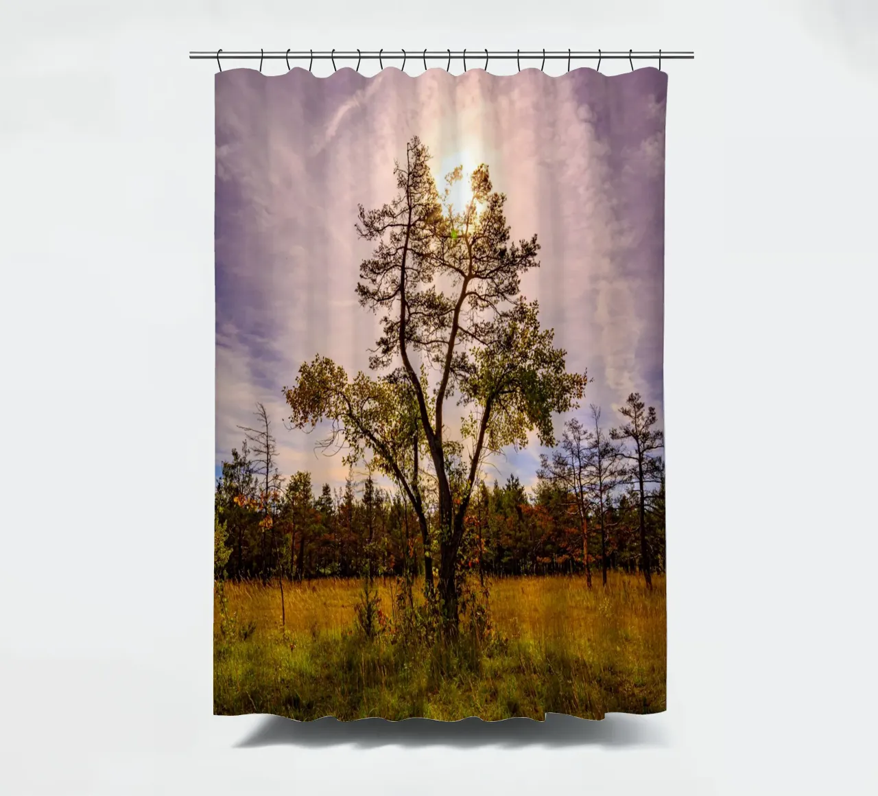 Sun behind a deciduous tree shower curtain by Marcus Beckert | Fotografie