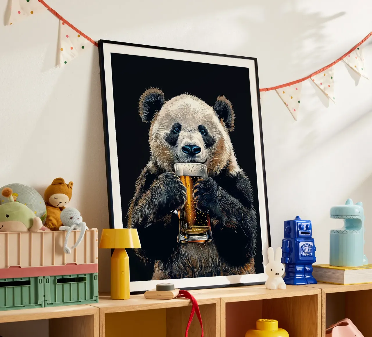 boccale di birra panda bolle animali poster con telaio in plastica da Hannah Meyer