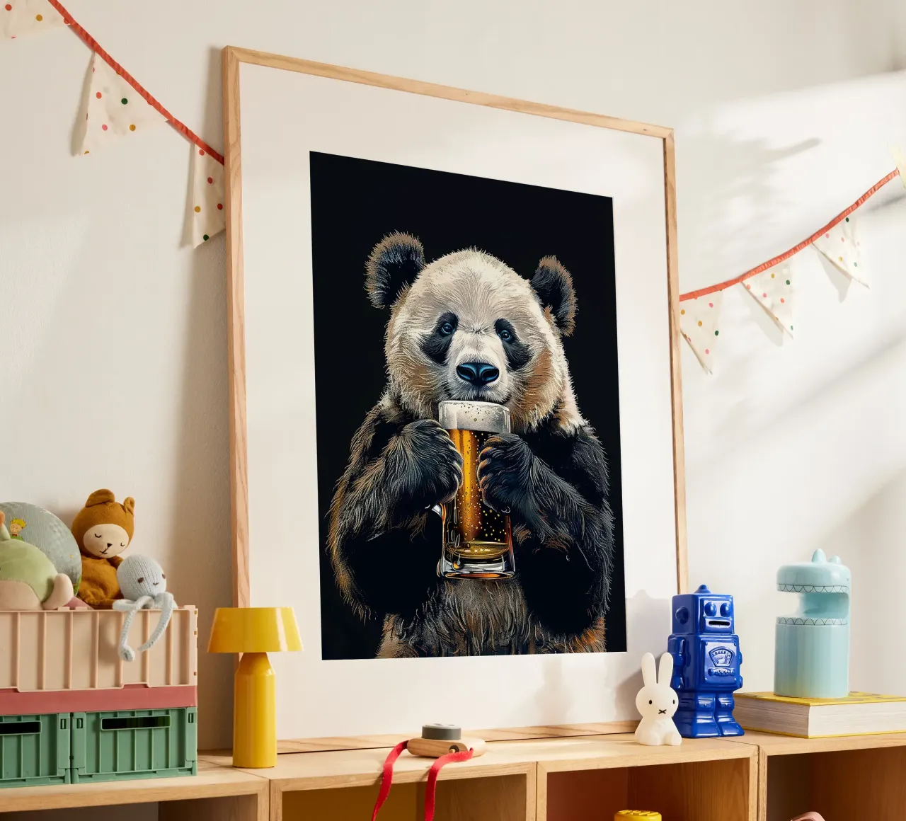 boccale di birra panda bolle animali poster con telaio in plastica da Hannah Meyer