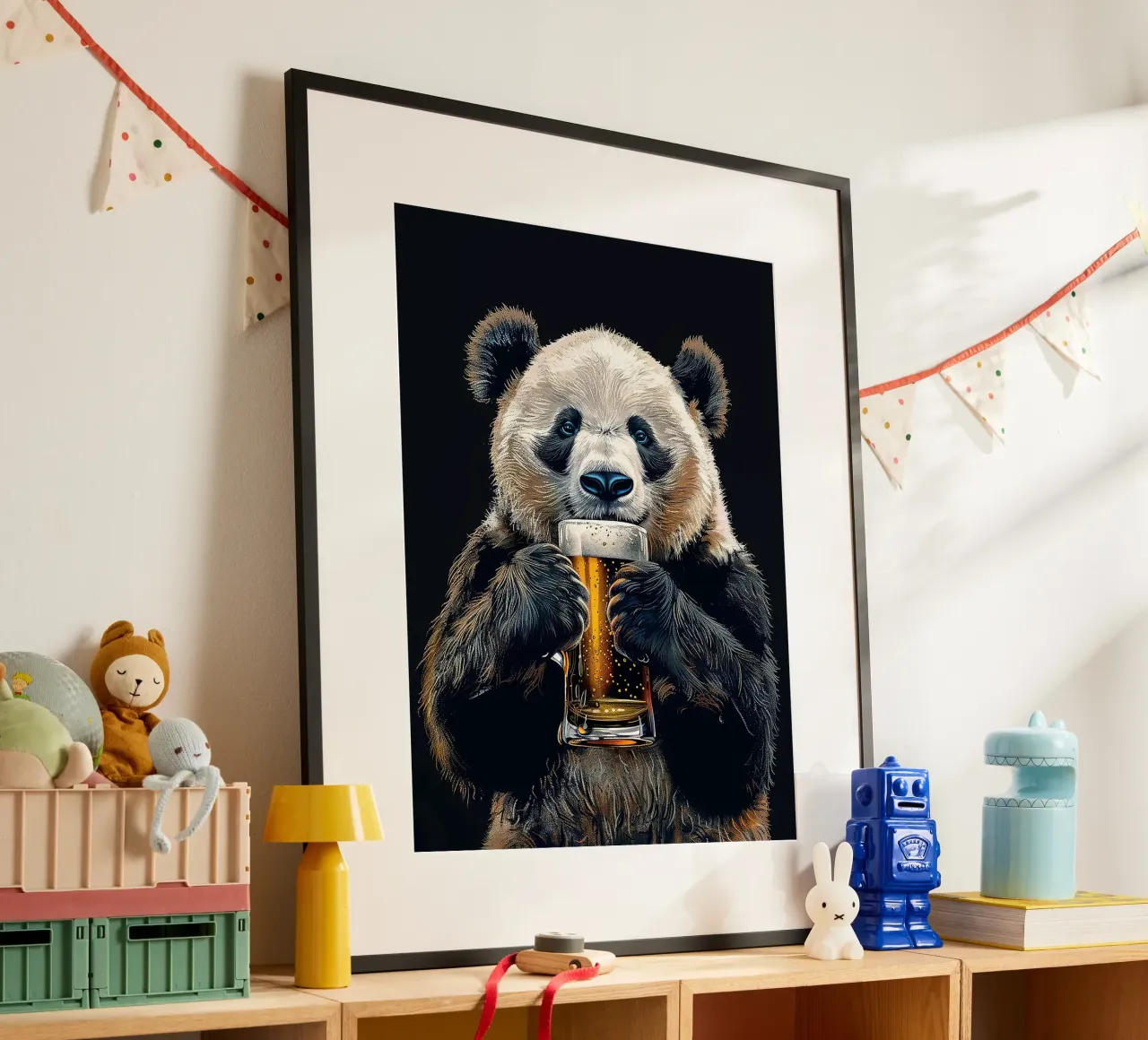boccale di birra panda bolle animali poster con telaio in plastica da Hannah Meyer