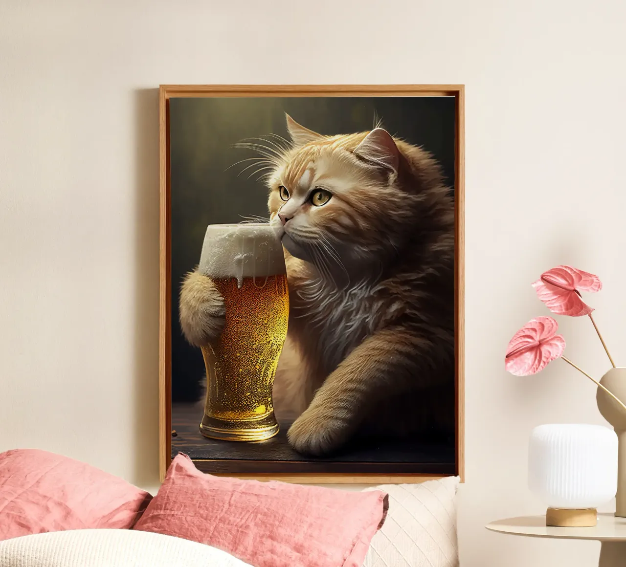 gatto birra bicchiere schiuma arancione pelliccia baffi tela con Cornice a cassetta da Hannah Meyer