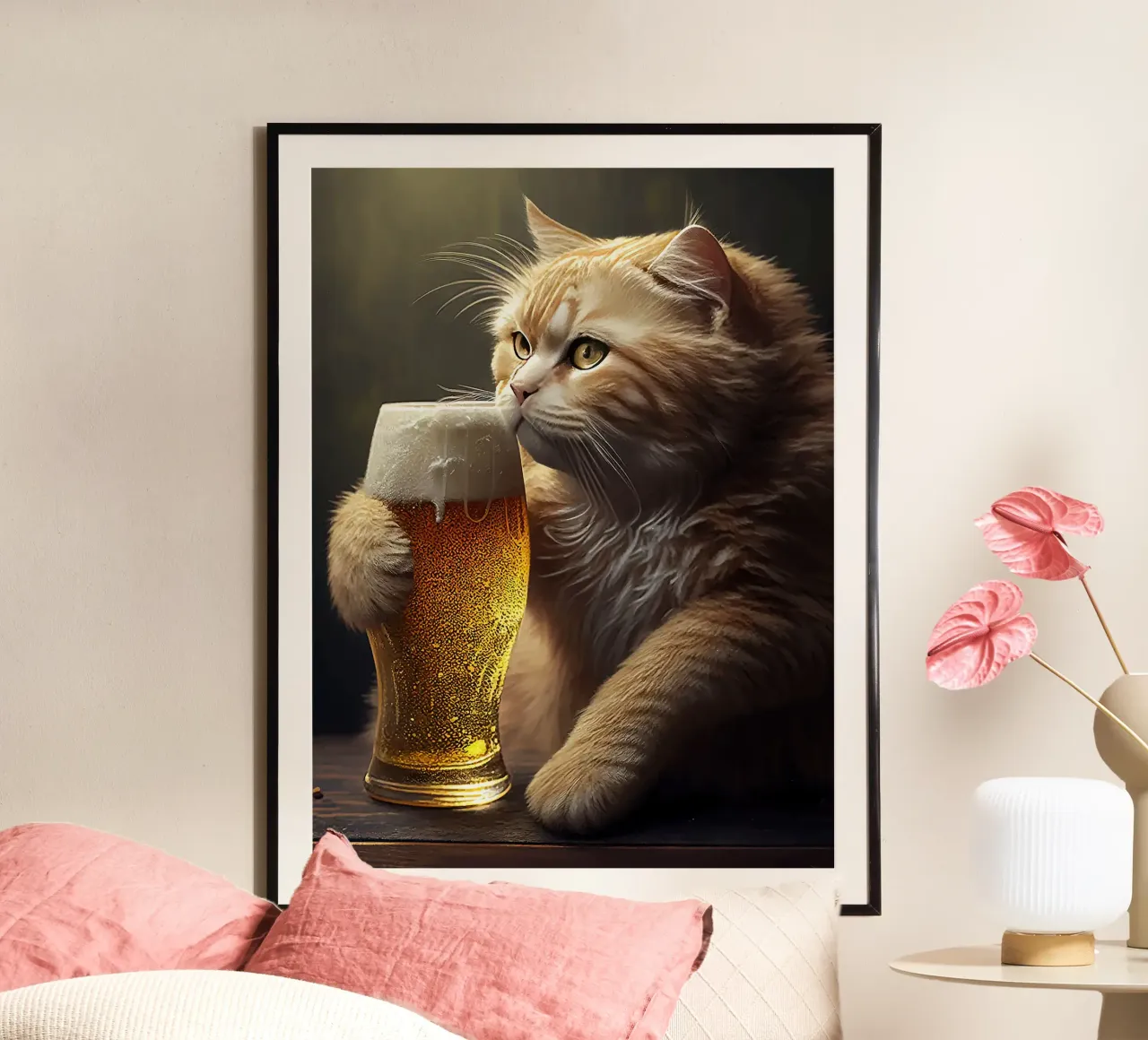 gatto birra bicchiere schiuma arancione pelliccia baffi poster con telaio in alluminio da Hannah Meyer