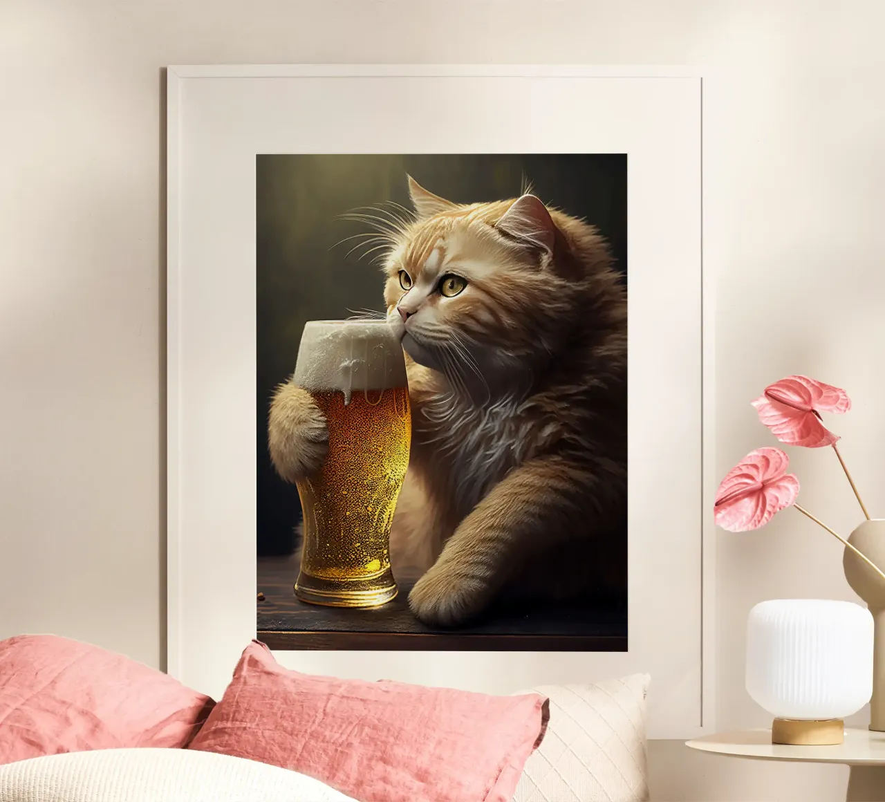 gatto birra bicchiere schiuma arancione pelliccia baffi poster con telaio in alluminio da Hannah Meyer
